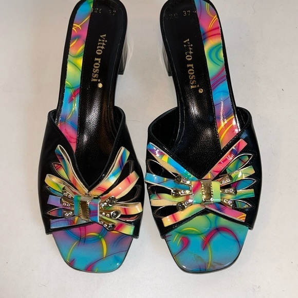 Vitto Rossi Color-burst Bejeweled Black Patent Leather Cut-out Slides Women’s 37